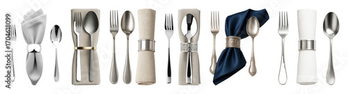 Cutlery and napkin set including various styles, colors, and metal finishes isolated. Elegant dining and table setting collection.