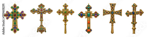 Ornate jeweled crosses set including golden, bejeweled, and processional styles isolated. Religious iconography and spiritual symbolism.