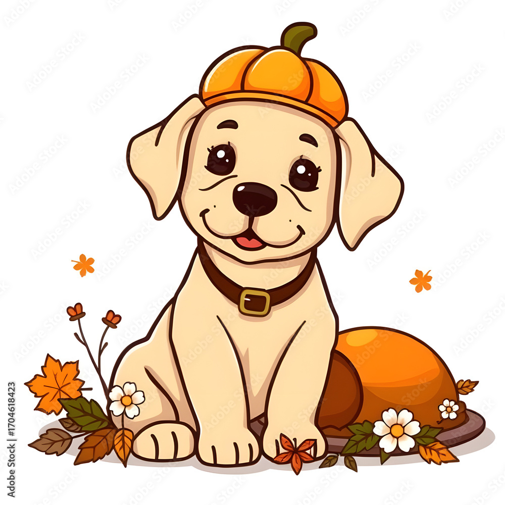 Fototapeta premium dog, cartoon, illustration, halloween, pumpkin, character, cute, labrador, pet, animal, funny, magic, witch, costume, spooky, happy, adorable, fantasy, trick, treat, smiling, hat, seasonal, autumn, fa