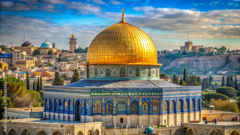 Fototapeta premium golden dome shines brightly over ancient cityscape under blue sky