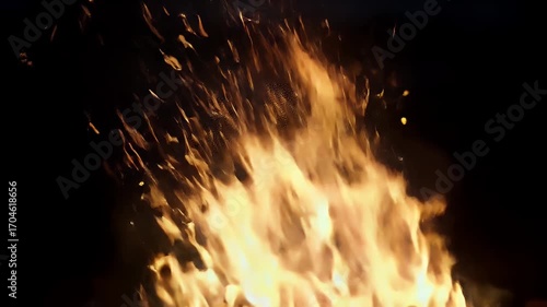 Fiery Flames Dancing in the Dark Night with Sparks Flying Upward.