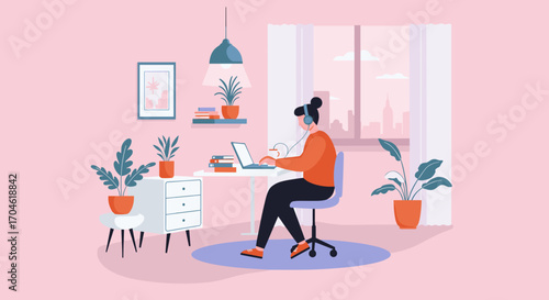 Woman Working on Laptop in Cozy Home Office Surrounded by Plants and Natural Light
