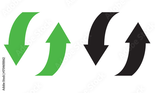 Green and black curved graph arrow icon. Illustration of curved arrows pointing upward and downward in green and black colors, symbolizing exchange, balance, movement, and direction. vector .