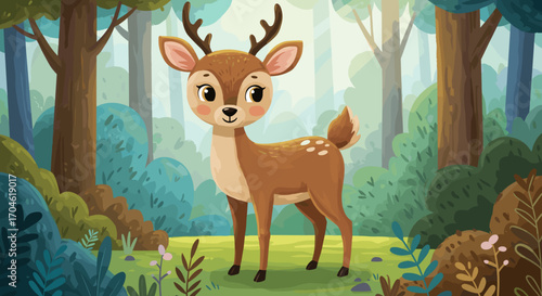 Cute Cartoon Deer Standing in a Lush Green Forest Illustration