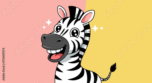 Cute cartoon zebra smiling with sparkle and happy expression isolated on pastel pink and yellow background