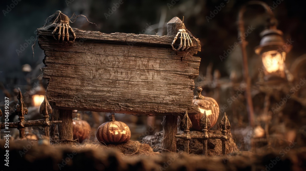 Fototapeta premium Spooky wooden signpost adorned with skeletal hands surrounded by glowing jack o lanterns and a vintage lantern in a dark forest setting