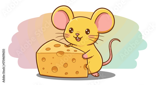 Cute cartoon mouse character holding a delicious block of swiss cheese isolated on white background