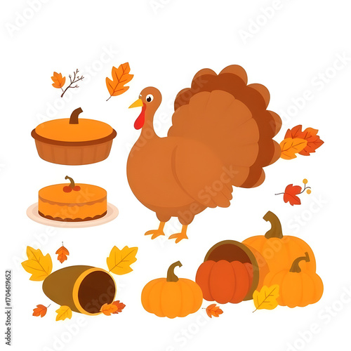Vector cartoon illustration of a Thanksgiving turkey with autumn harvest vegetables and fall leaves