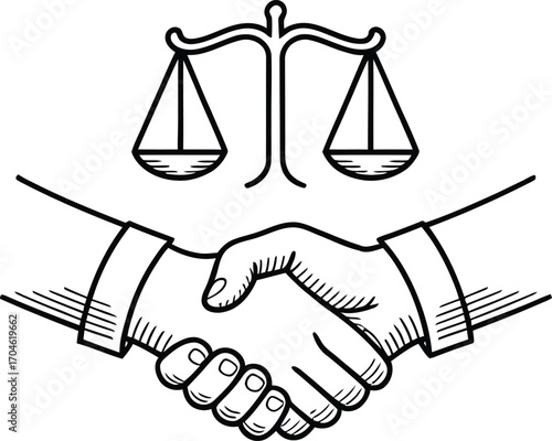 Handshake and scales of justice illustration symbolizing agreement and fairness