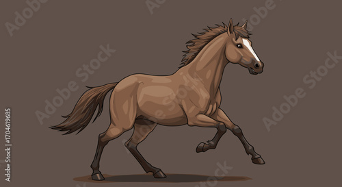 Brown Horse Trotting Motion Dynamic Animal Portrait Illustration Isolated on Brown Background