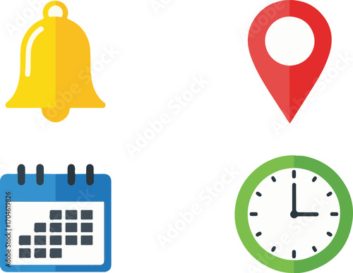 Bell, Location Pin, Calendar, and Clock Icons Set