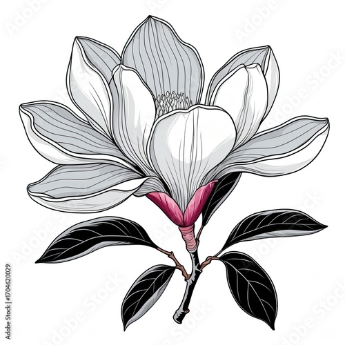 A magnolia bloom with heavy black outlines, subtle gray shading
