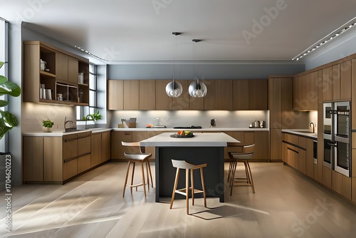 Elegant kitchen interior with wood cabinetry, island with barstools and modern lighting fixture,