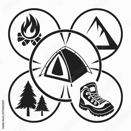 Camping and hiking icons interconnected in a circular pattern with a tent, campfire, mountain, trees, and boot