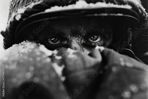Weary soldier gazes intensely, eyes piercing through snow-covered helmet. Somber mood reflects harsh realities of outdoor wartime setting.