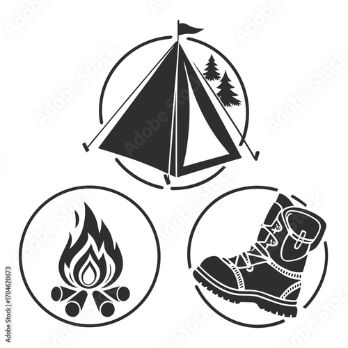 Camping icons including a tent, campfire, and boot arranged in a circular formation with trees