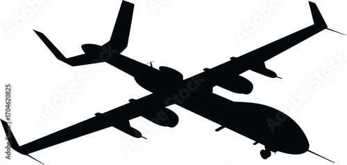 Silhouette of a military attack aircraft in flight against a white background