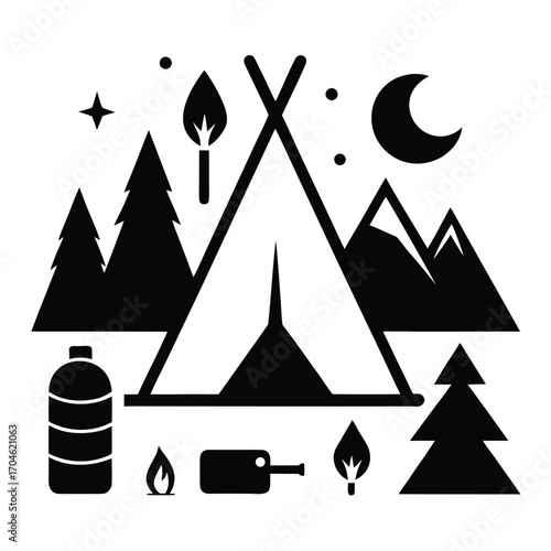 Camping scene with teepee tent mountains trees water bottle and campfire icons Keywords: camping tent teepee mountains pine trees moon stars campfire flame water bottle camping equipment outdoor