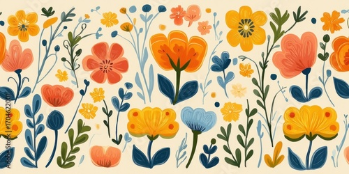 Illustration of various colorful flowers and green leaves scattered on a light background creating a cheerful and lively floral pattern