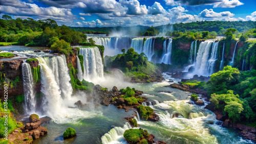 waterfalls cascade through lush green forest under bright blue sky