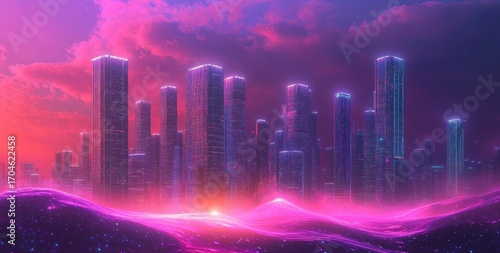 Futuristic city skyline with towering illuminated skyscrapers glowing in neon pink and blue hues under a vibrant sunset with surreal glowing waves in the foreground