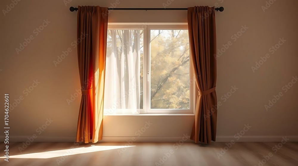 Fototapeta premium Sunlight streams through window with flowing curtains creating a warm inviting and serene atmosphere indoors