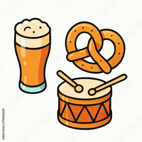 Flat vector illustration of beer glass with pretzel and drum representing celebration and festival 
