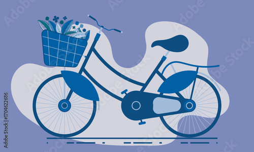 Blue Cycle with Basket Floral Leaf Design and Landscape Background Vector Illustration