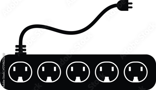 Black silhouette of a power strip with five outlets and a cord
