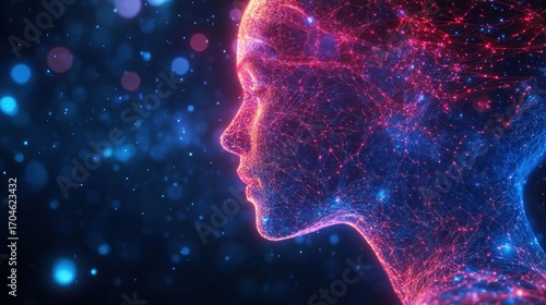 Digital illustration of a human profile composed of interconnected glowing red and blue neural network lines and nodes suggesting artificial intelligence or mind connectivity