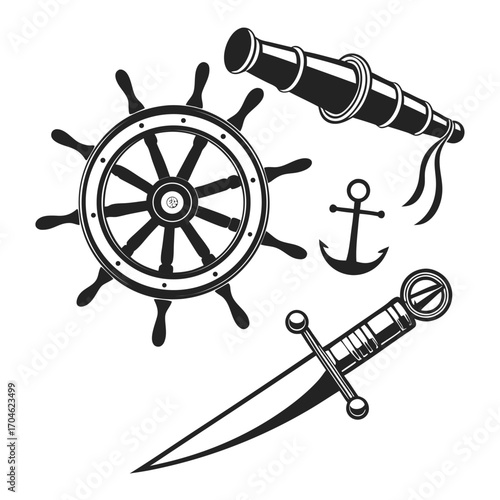 Maritime Icons Set with Ship Wheel Telescope Anchor and Dagger nautical sailing