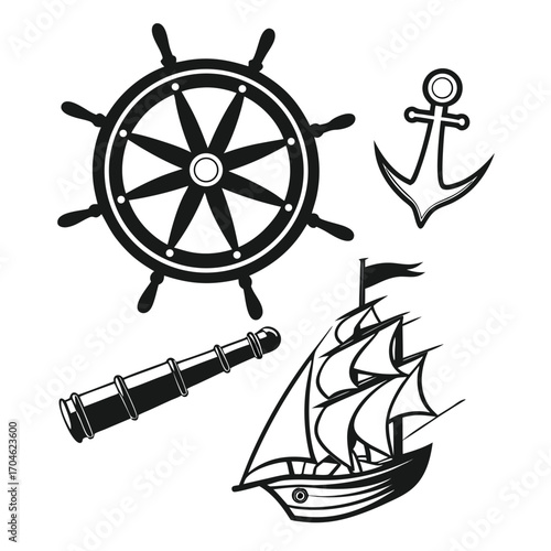 Nautical Icons Featuring Ship Wheel Anchor Spyglass And Sailing Ship steering wheel ship anchor