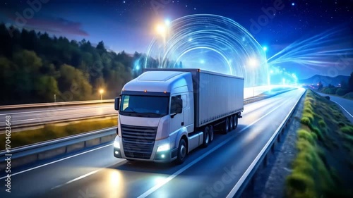 Futuristic truck driving on the highway with digital data stream technology seamless animation