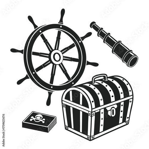 Nautical Icons Including Ship Wheel Telescope Treasure Chest and Pirate Book maritime sailing