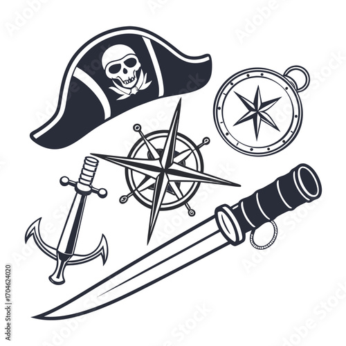Pirate and Nautical Symbols Collection with Skull Hat Compass Rose Anchor Sword and Spyglass on White Background