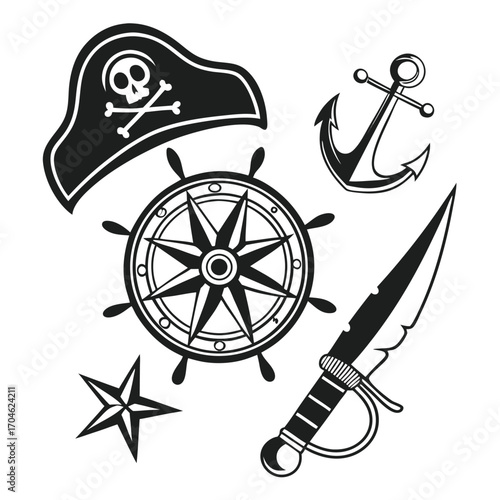 Pirate Nautical Icons Including Skull Hat Anchor Compass Wheel Sword And Star crossbones