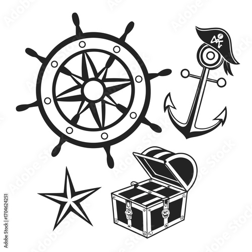 Pirate Nautical Icons with Steering Wheel Anchor Starfish Treasure Chest and Pirate Hat vector