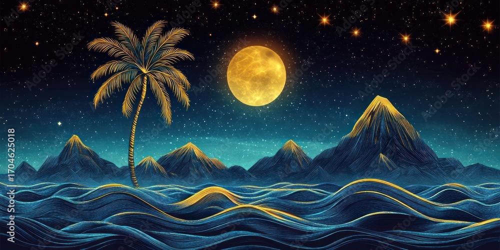 Obraz premium Surreal night scene with glowing golden palm tree standing next to flowing blue waves under bright full moon and star-filled sky with mountain silhouettes