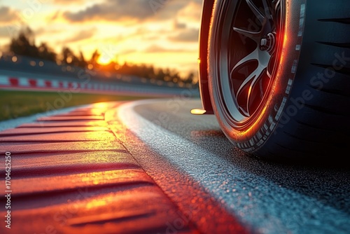 Wallpaper Mural Close-up of a racing car tire on a curbed racetrack during sunset with warm light reflecting off the asphalt and tire tread Torontodigital.ca