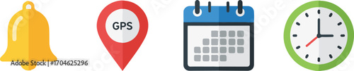 Notification, GPS, Calendar, and Clock Icons Set