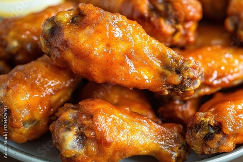 Close-up of crispy golden fried chicken wings coated in orange spicy sauce on a plate