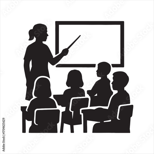Black and White Illustration of a Teacher Teaching Students in a Classroom with a Whiteboard as a Symbol of Education and Learning