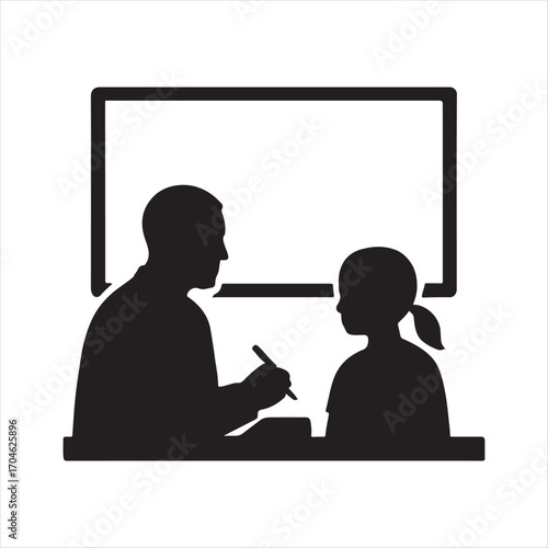 Silhouette of a teacher instructing a student in front of a whiteboard emphasizing education and learning process with a clear illustration style for educational resources