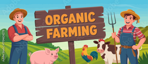 A lively illustration featuring two friendly farmers proudly showcasing organic farming with livestock on a sunny day, emphasizing community and sustainable practices.
