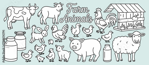 This vibrant illustration features various farm animals such as cows, pigs, sheep, and chickens arranged around a barn, perfect for kids' coloring books or educational materials.