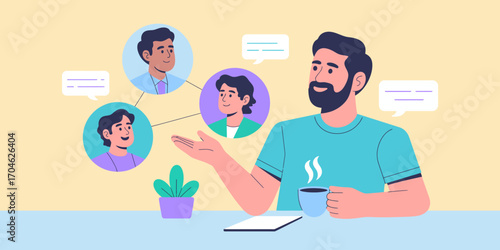 A thoughtful individual engaging in a dynamic conversation, surrounded by illustrated faces to represent virtual discussions, all while enjoying a cup of coffee.