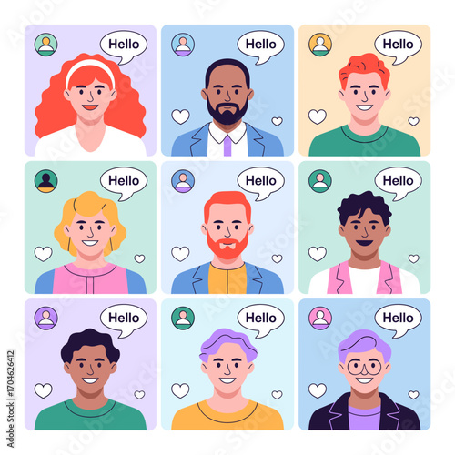 A visually appealing arrangement of cheerful faces saying 'Hello!' in speech bubbles, showcasing the joys of connection and communication in a vibrant, modern design.