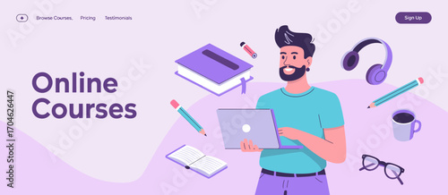 A happy man is engaged in online courses, expressing enthusiasm and passion for learning, surrounded by study essentials that enhance the educational experience.