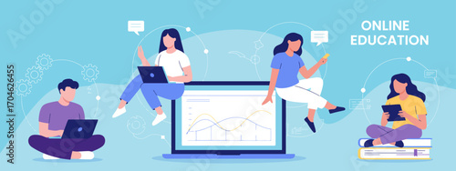 A diverse group of individuals participates in online education, each engaging with different devices in a collaborative environment, highlighting modern learning dynamics.