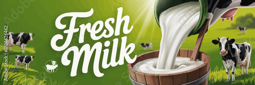 A bucket spills fresh milk into a wooden container, emphasizing its quality while dairy cows graze in the background. This serene farm image highlights freshness and tradition.